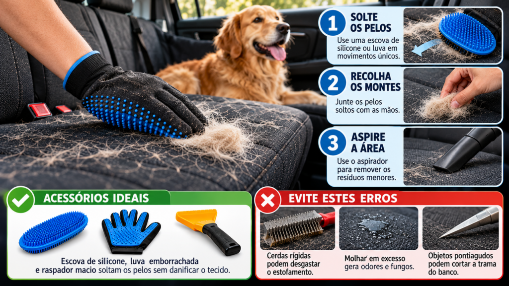 Como tirar pelos de cachorro dos bancos do carro sem passar horas esfregando o tecido e quais ferramentas ajudam a remover até aqueles fios que ficam presos nas fibras