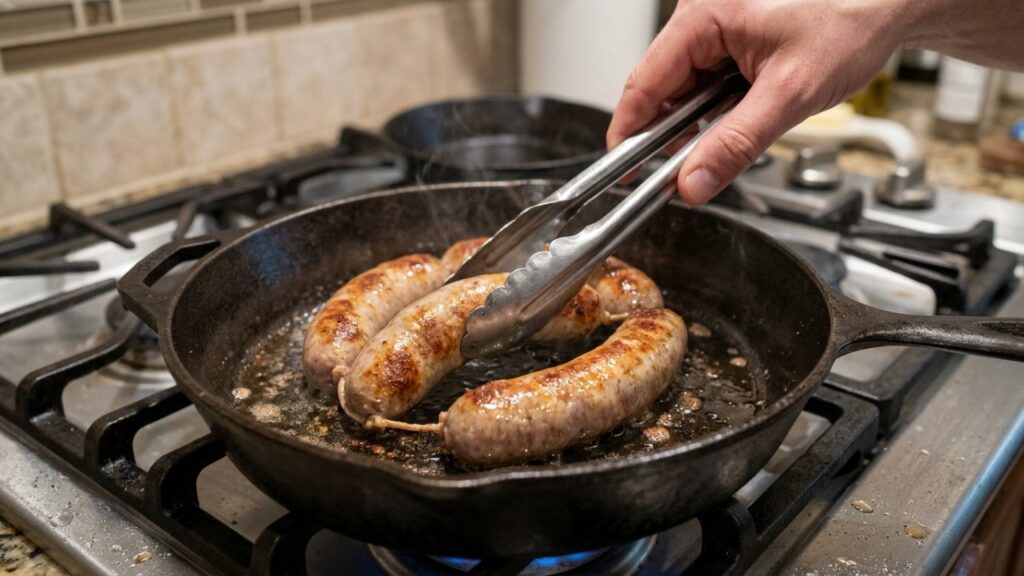 Chefs de cozinha afirmam: “Se você quer uma linguiça dourada por fora e bem cozida por dentro, não comece com o fogo alto demais, pois isso pode queimar a casquinha antes de cozinhar o interior”