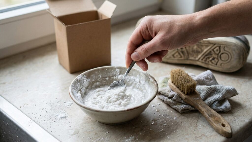 Engenheiros químicos explicam: “Uso bicarbonato de sódio misturado com um pouco de água ou sabão líquido para limpar as solas dos tênis e remover sujeiras difíceis sem precisar de produtos caros”
