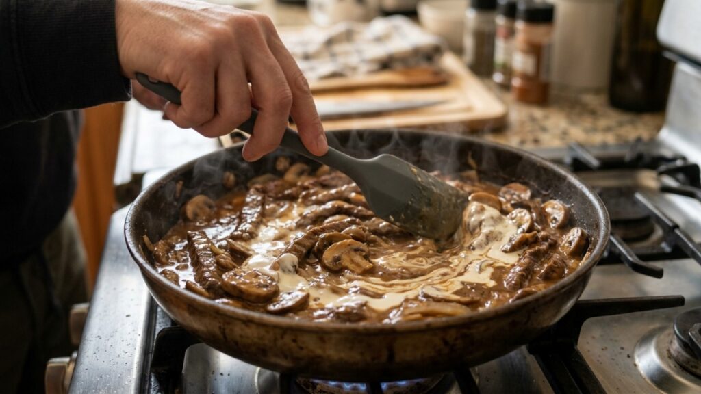 Chefs de cozinha afirmam: “Se você quer um estrogonofe cremoso e com molho aveludado, não deixe o creme de leite ferver por muito tempo, mas acrescente o ingrediente apenas no final do preparo”