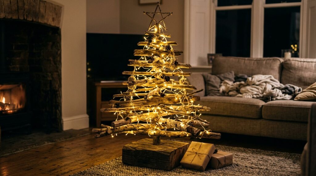 Adeus à árvore de Natal de R$ 800: família transforma galhos secos, sobras de madeira e 300 luzes de LED em uma decoração gigante que parece ter saído de uma mansão e pode custar uma fração do preço