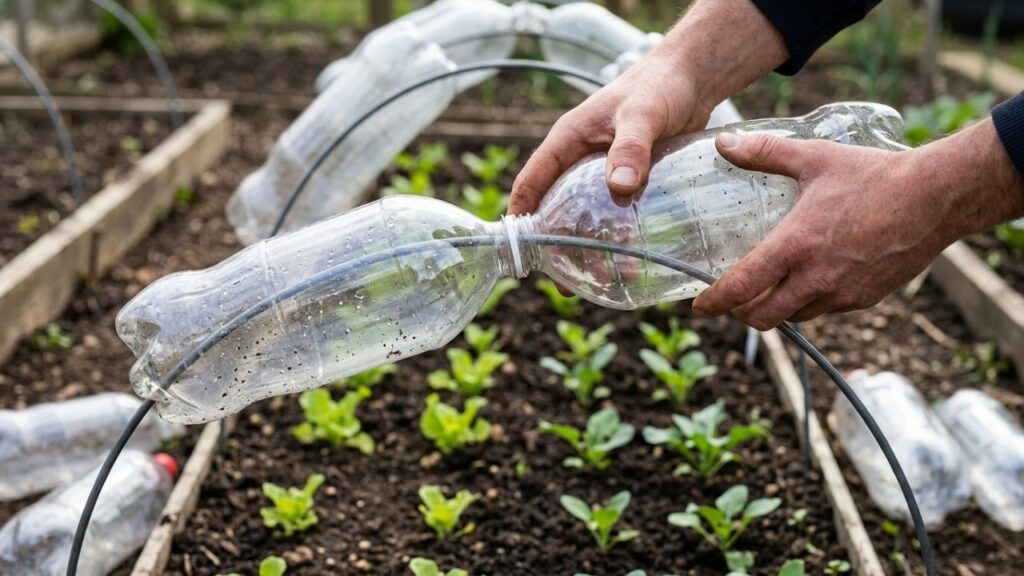 Morador juntou garrafas plásticas para proteger a horta do frio e acabou montando uma miniestufa que ajudou as mudas a enfrentar vento e mudanças de temperatura