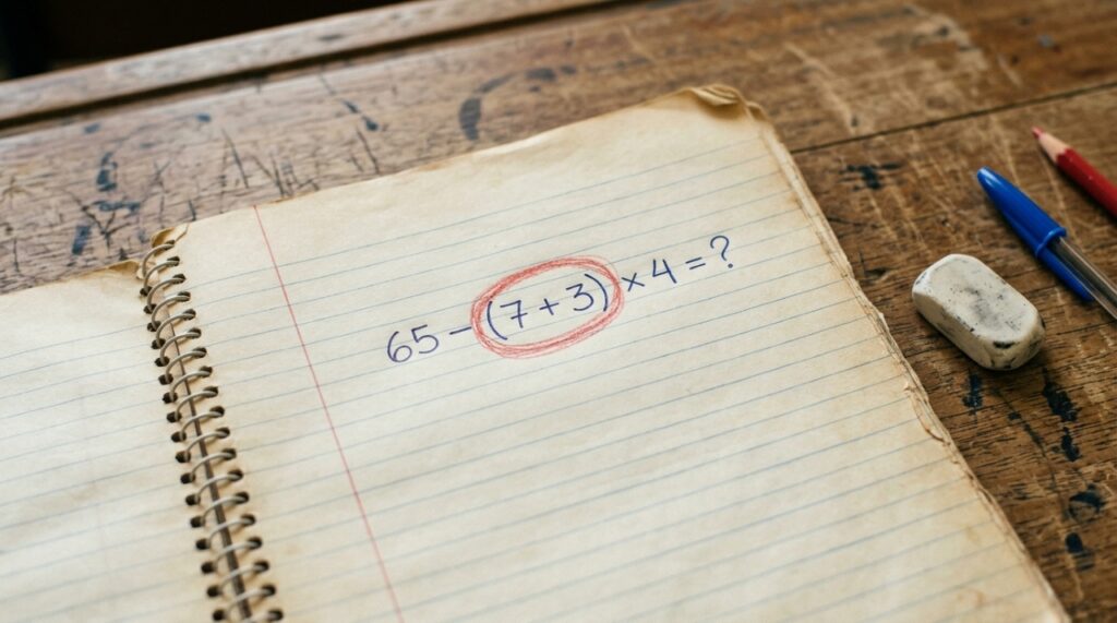 Caderno escolar antigo com a expressão 65 − (7 + 3) × 4 = ? escrita à mão, destacando os parênteses em vermelho sem mostrar a resolução. - Imagem ilustrativa criada por inteligência artificial