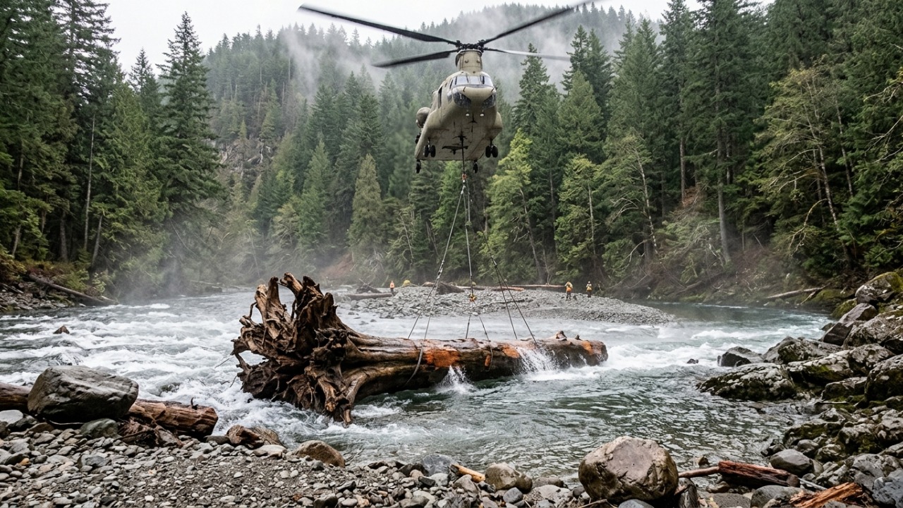 Helicópteros despejam troncos gigantes no meio de rios e intervenção ajuda a devolver áreas de abrigo, água mais calma e locais seguros para os salmões se reproduzirem