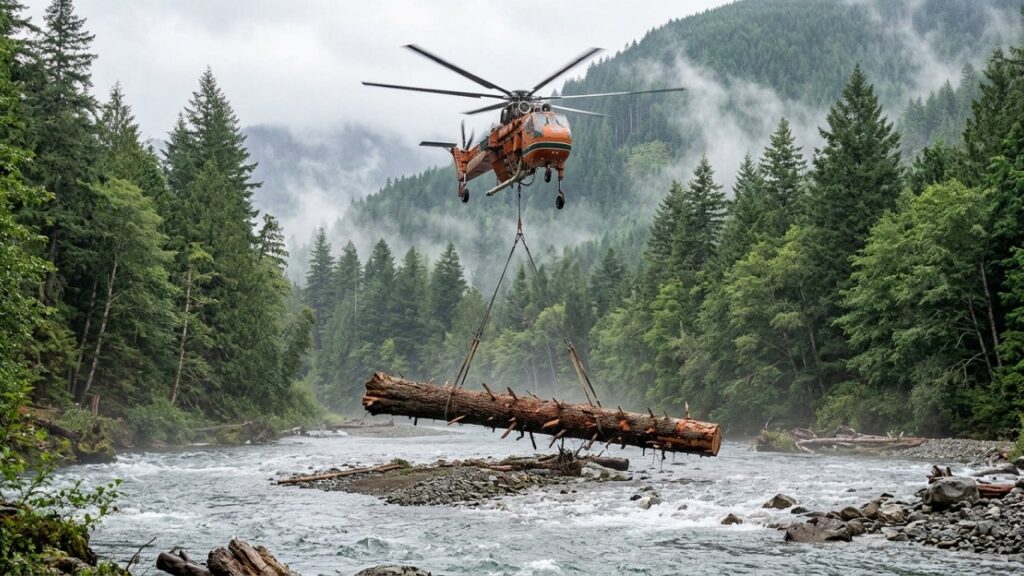 Helicópteros despejam troncos gigantes no meio de rios e intervenção ajuda a devolver áreas de abrigo, água mais calma e locais seguros para os salmões se reproduzirem