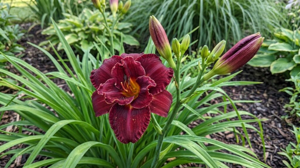 Não é rosa nem orquídea: esta flor perene tem pétalas onduladas, cor vinho intensa e bordas douradas que deixam o jardim com aparência sofisticada