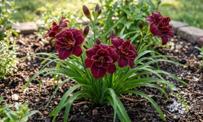 Não é rosa nem orquídea: esta flor perene tem pétalas onduladas, cor vinho intensa e bordas douradas que deixam o jardim com aparência sofisticada