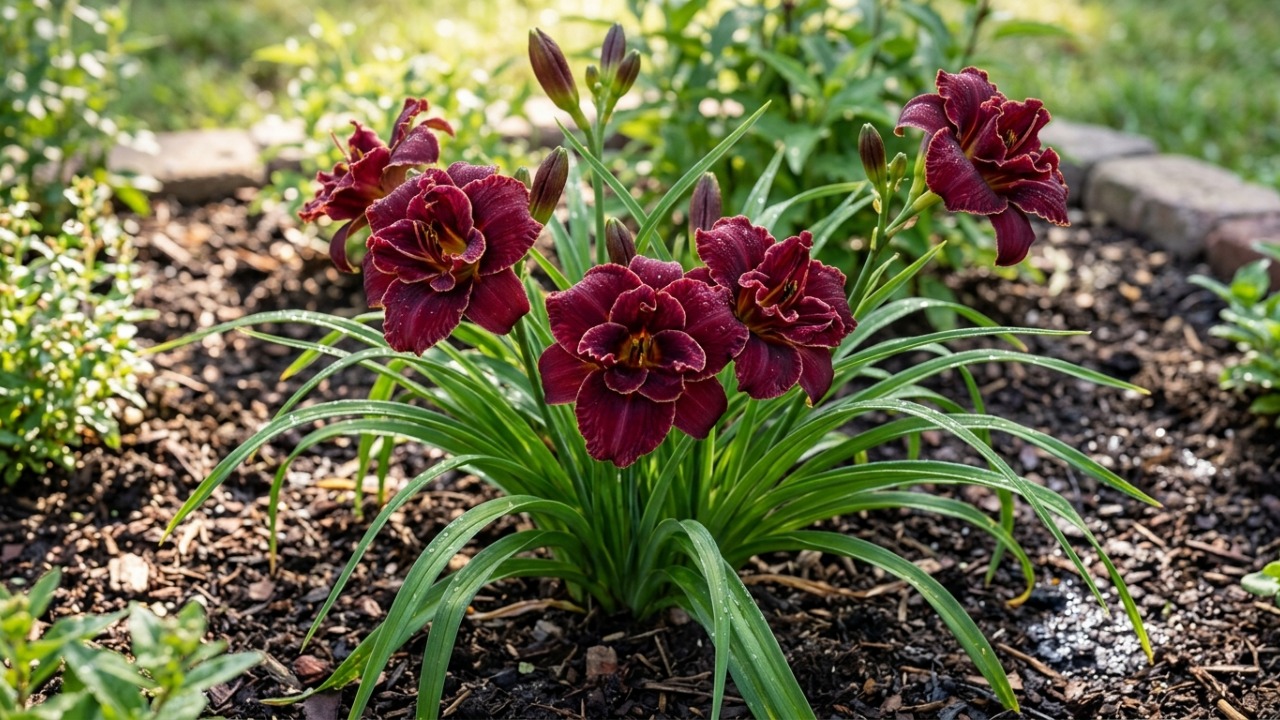 Não é rosa nem orquídea: esta flor perene tem pétalas onduladas, cor vinho intensa e bordas douradas que deixam o jardim com aparência sofisticada