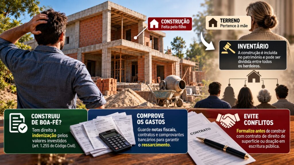 Filho constrói um salão comercial no terreno da mãe, investe R$ 230 mil durante anos e descobre que a construção pode entrar na partilha após a abertura do inventário