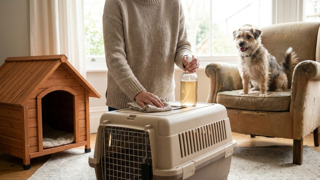 Sem cheiro forte, nem estresse para o pet: a melhor forma de desinfetar a casinha e a caixa de transporte usando uma solução caseira suave