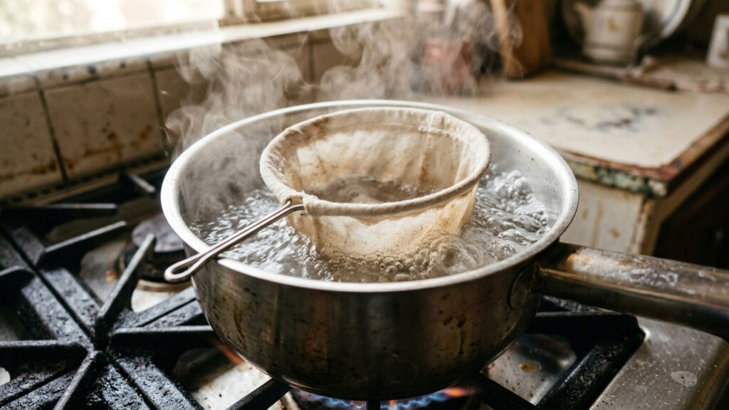 O cuidado essencial ao limpar o coador de pano tradicional para evitar que os óleos do café alterem o sabor e azedem a bebida