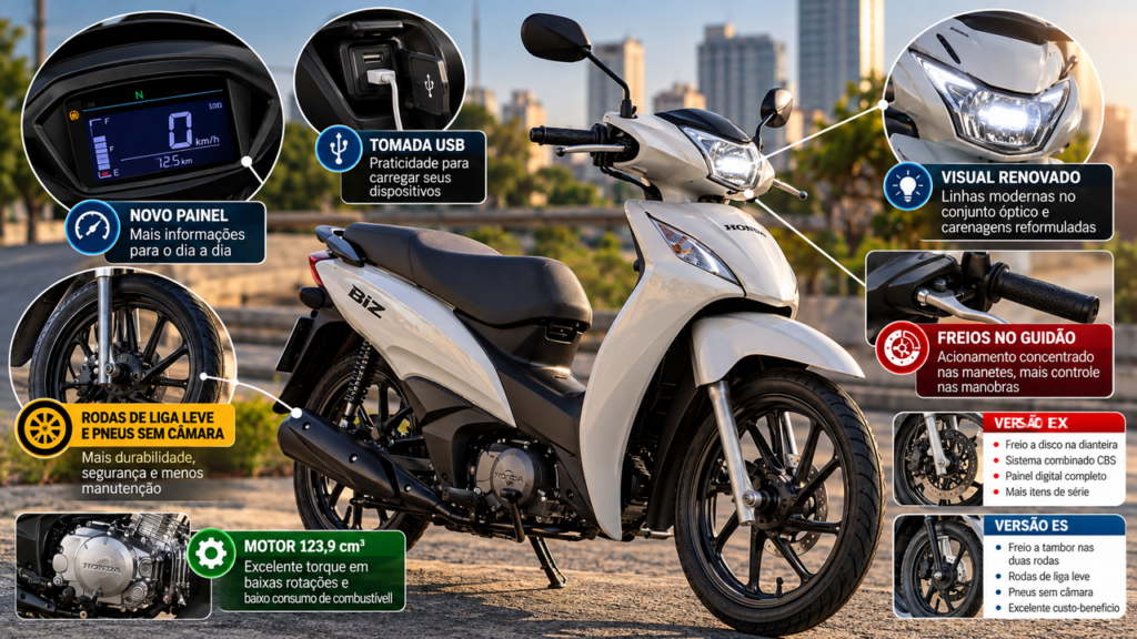 Honda Biz 125 2027 chega com visual totalmente renovado, novo conjunto óptico e mudança no sistema de frenagem que pode transformar a rotina dos motociclistas