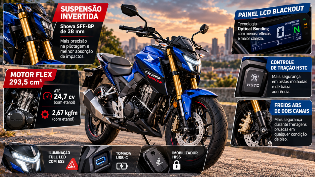 Nova Honda CB 300F Twister 2027 surpreende com controle de tração, suspensão invertida, freios ABS nas duas rodas e uma versão azul que muda o visual da moto