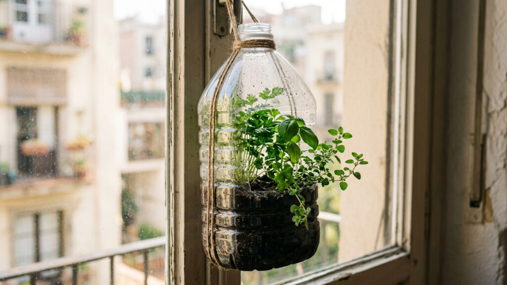 Como montar uma horta de temperos vertical usando apenas garrafa PET de 5 litros pendurada na janela do apartamento