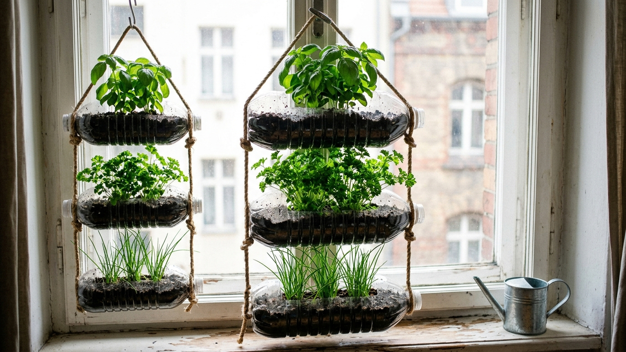 Como montar uma horta de temperos vertical usando apenas garrafa PET de 5 litros pendurada na janela do apartamento