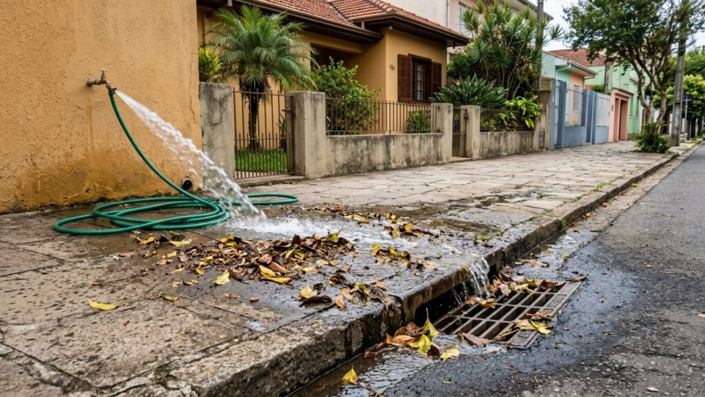 Moradora lavava a calçada com mangueira toda manhã até descobrir que o desperdício de água potável pode gerar advertência, multa ou outras medidas