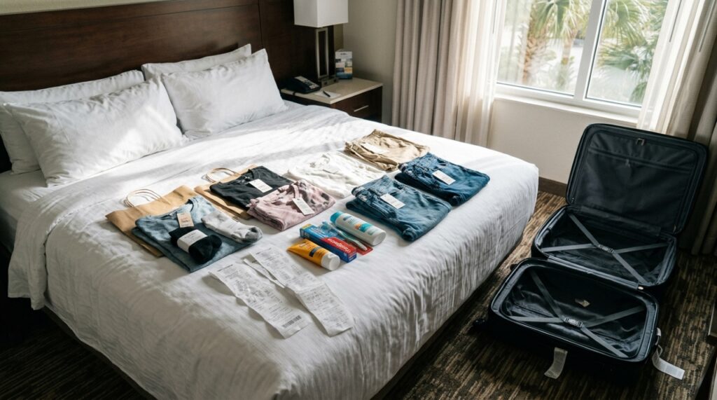 Roupas, produtos de higiene e recibos de compras sobre cama de hotel representam despesas emergenciais após quatro dias sem bagagem. - Imagem ilustrativa criada por inteligência artificial