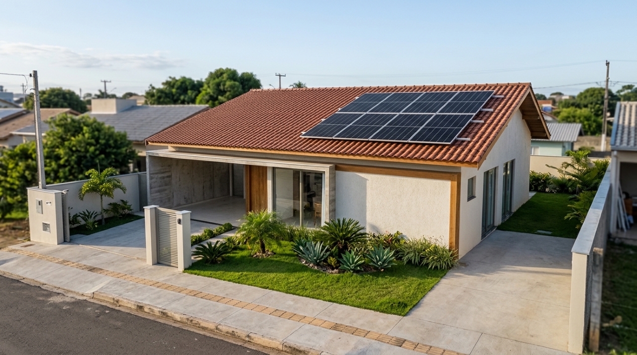 Casa brasileira térrea com painéis solares pretos instalados sobre o telhado de telhas cerâmicas, iluminada pelo sol da manhã. - Imagem ilustrativa criada por inteligência artificial