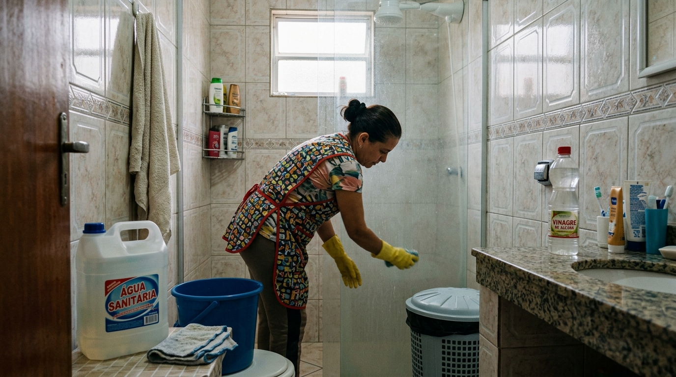 Márcia, diarista: vinagre e água sanitária não devem ser misturados na limpeza do banheiro, mas sim usados em dias separados