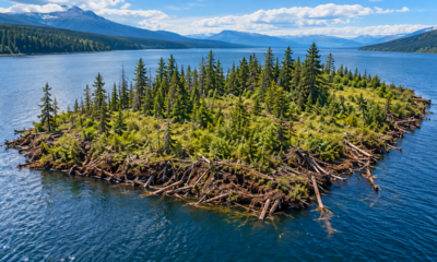 Uma ilha coberta de árvores aparece em um enorme lago no Canadá, desaparece e ressurge 30 quilômetros depois