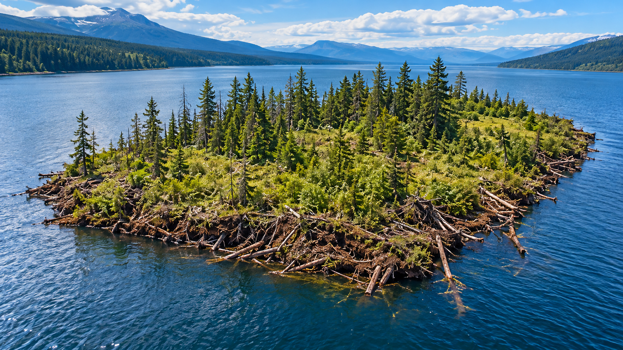 Uma ilha coberta de árvores aparece em um enorme lago no Canadá, desaparece e ressurge 30 quilômetros depois