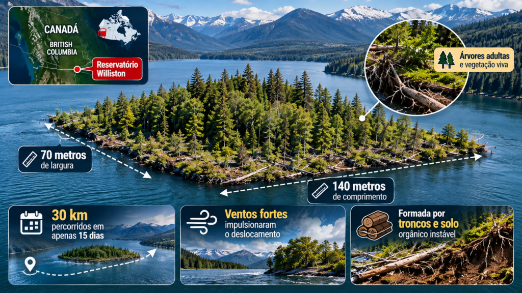 Uma ilha coberta de árvores aparece em um enorme lago no Canadá, desaparece e ressurge 30 quilômetros depois