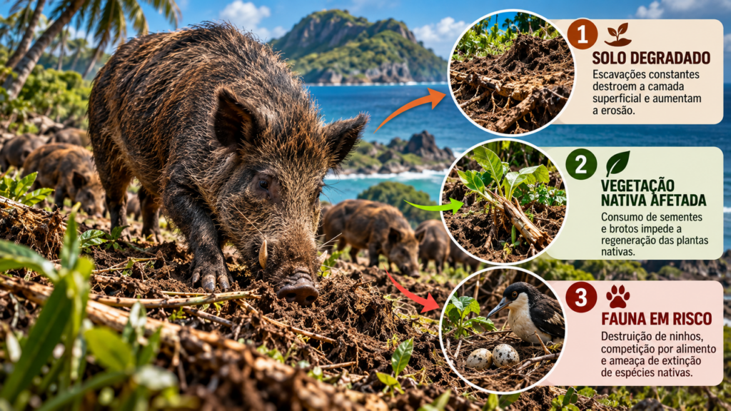 Uma ilha desabitada recebeu porcos que acabaram se reproduzindo por gerações e deram origem a uma população selvagem que despertou o alerta de pesquisadores sobre os impactos no equilíbrio da natureza