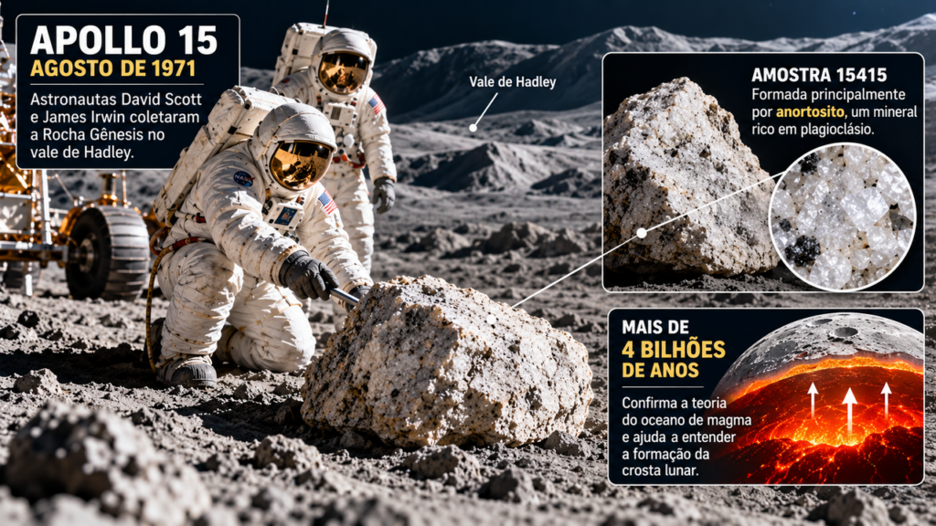 Em 1971, astronautas da Apollo 15 encontraram uma rocha branca posteriormente identificada como parte da antiga crosta lunar; a "Rocha Gênesis" foi estimada em cerca de quatro bilhões de anos