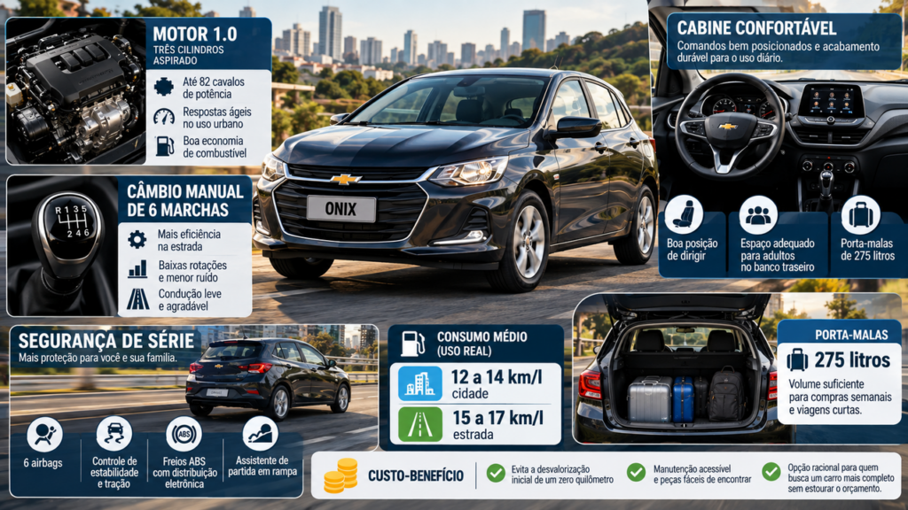 Chevrolet Onix 2021 custa cerca de R$ 68 mil, tem motor 1.0 de 82 cv, porta-malas de 303 litros e pode ser alternativa ao Fiat Mobi 0 km