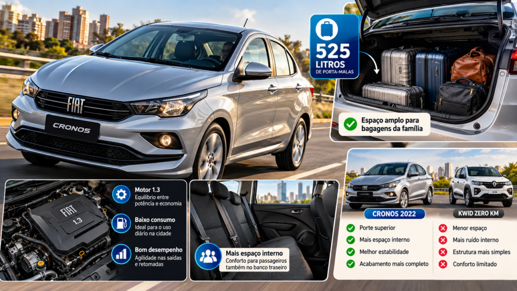Fiat Cronos 2022 usado custa cerca de R$ 67 mil, tem motor 1.3 de 107 cv, porta-malas de 525 litros e pode ser alternativa ao Kwid 0 kmAutomobilismo