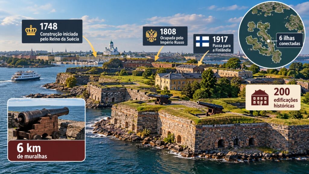 Construída no século XVII, a Fortaleza de Suomenlinna atravessou guerras, mudanças de domínio e transformações militares, deixou de funcionar como importante estrutura defensiva e continua como um dos conjuntos históricos mais conhecidos da Finlândia, com muralhas costeiras, túneis e uma história ligada à disputa pelo controle do mar Báltico