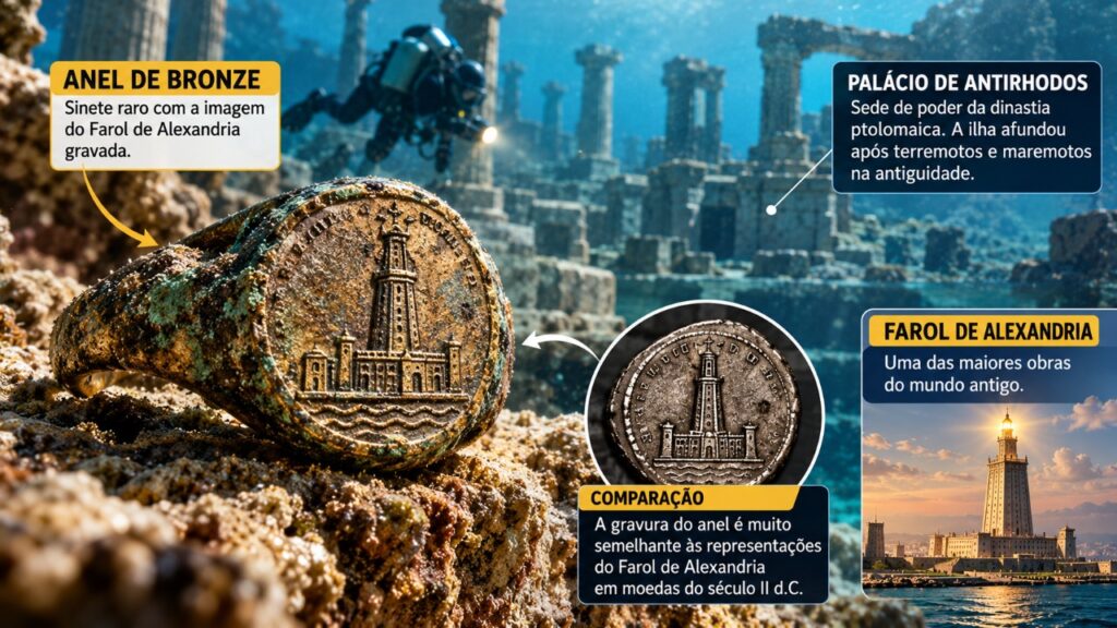 O anel de bronze encontrado nas ruínas submersas de um antigo palácio egípcio que representa o Farol de Alexandria e por que o objeto chamou a atenção dos arqueólogos.