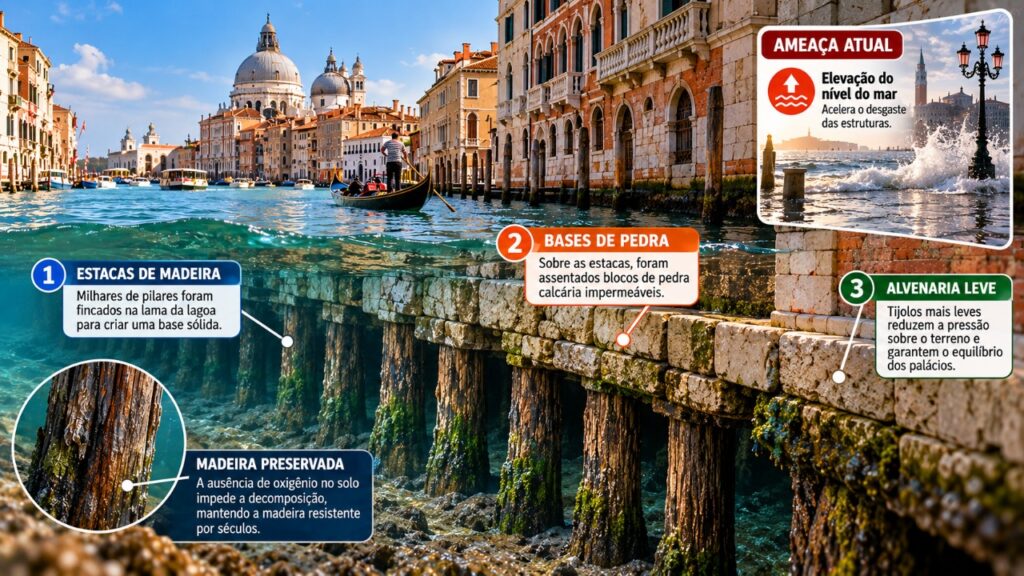 Erguido sobre milhares de pilares de madeira em uma lagoa, Veneza desenvolveu palácios de pedra, canais e fundações adaptadas a um terreno instável, criando uma estrutura urbana que atravessou séculos e continua enfrentando o desafio de conservar seus edifícios diante da elevação do nível do mar