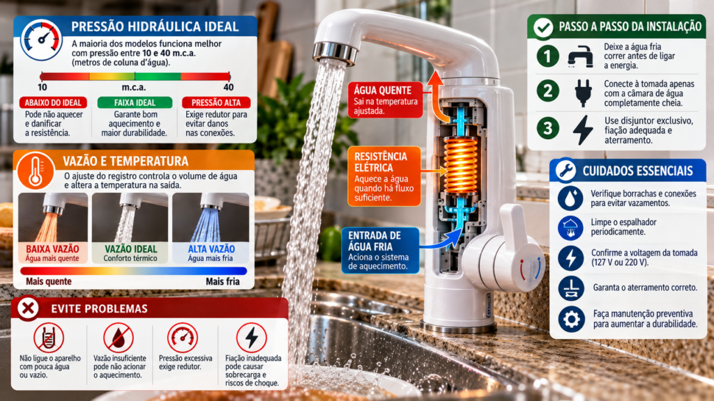 Morador instala uma torneira elétrica na cozinha para controlar melhor a temperatura da água e descobre a vazão mínima necessária para garantir o funcionamento correto do equipamento durante o uso