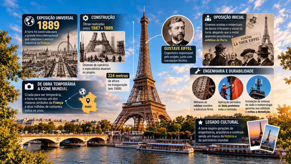Construída entre 1887 e 1889, a Torre Eiffel atravessou mais de 130 anos de história, enfrentou mudanças na paisagem de Paris, passou por grandes reformas e continua de pé como um dos monumentos mais reconhecidos do mundo