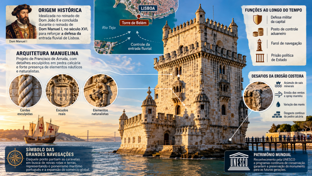 Construída no século XV, a Torre de Belém atravessou mais de 500 anos de história, enfrentou mudanças no litoral e o desgaste causado pela água salgada, recebeu trabalhos de conservação e continua às margens do rio Tejo como um dos monumentos mais conhecidos de Portugal, com uma arquitetura defensiva marcada por detalhes esculpidos em pedra