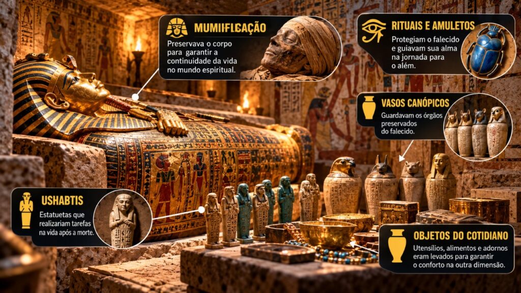 Uma tumba antiga preservada por milhares de anos revela objetos, símbolos e costumes funerários que ajudam arqueólogos a compreender como seus antigos ocupantes enxergavam a vida após a morte