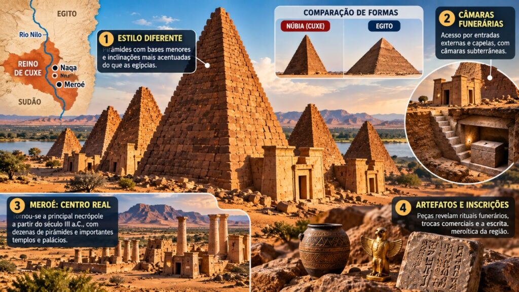 As pirâmides construídas no antigo reino de Cuxe guardam diferenças importantes em relação às do Egito e revelam uma tradição funerária que marcou a história da Núbia