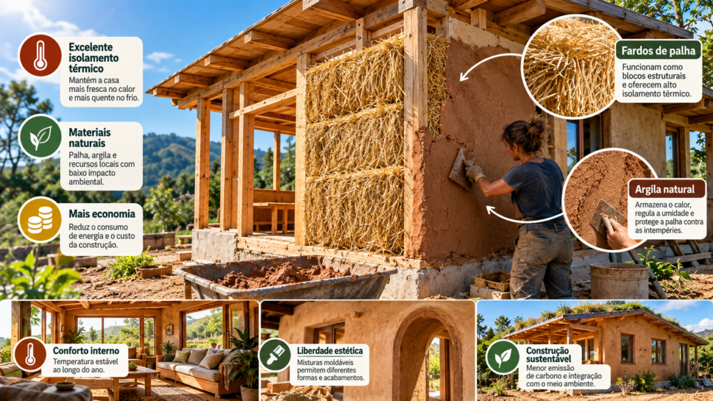 Casas feitas com fardos de palha e argila natural ganham espaço na construção: técnica substitui parte dos materiais tradicionais e pode melhorar o isolamento térmico com baixo custo e recursos naturais