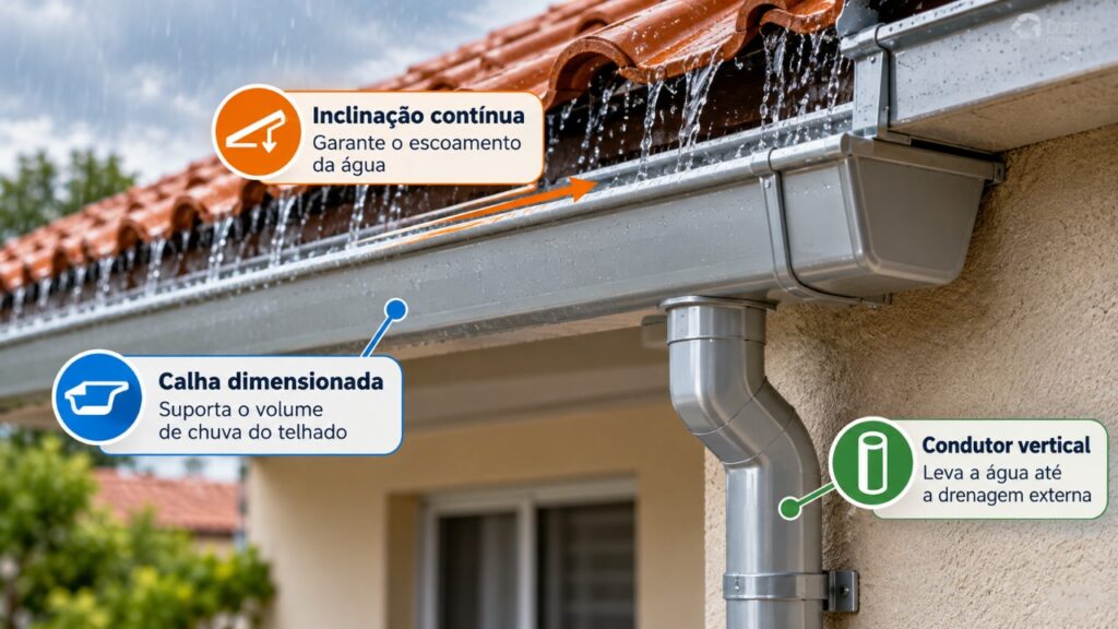 Morador instala uma calha nova para impedir que a água da chuva escorra pelas paredes e descobre como a largura, a inclinação e a posição dos tubos de descida ajudam a evitar transbordamentos e manchas na fachada
