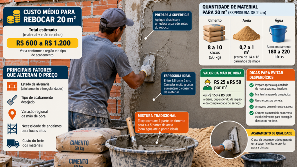 Profissionais da construção explicam quanto custa rebocar uma parede de 20 metros quadrados e mostram como o preço do cimento, da areia e da mão de obra influencia o orçamento