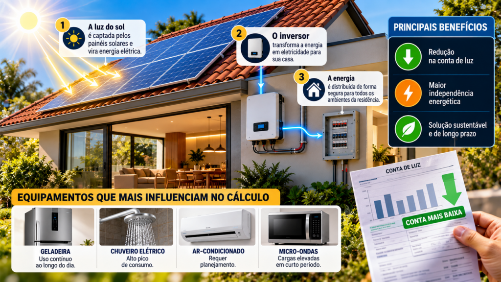 Família instala painéis solares no telhado para economizar na conta de luz e descobre qual é a potência mínima necessária para manter os principais eletrodomésticos funcionando sem sobrecarregar o sistema