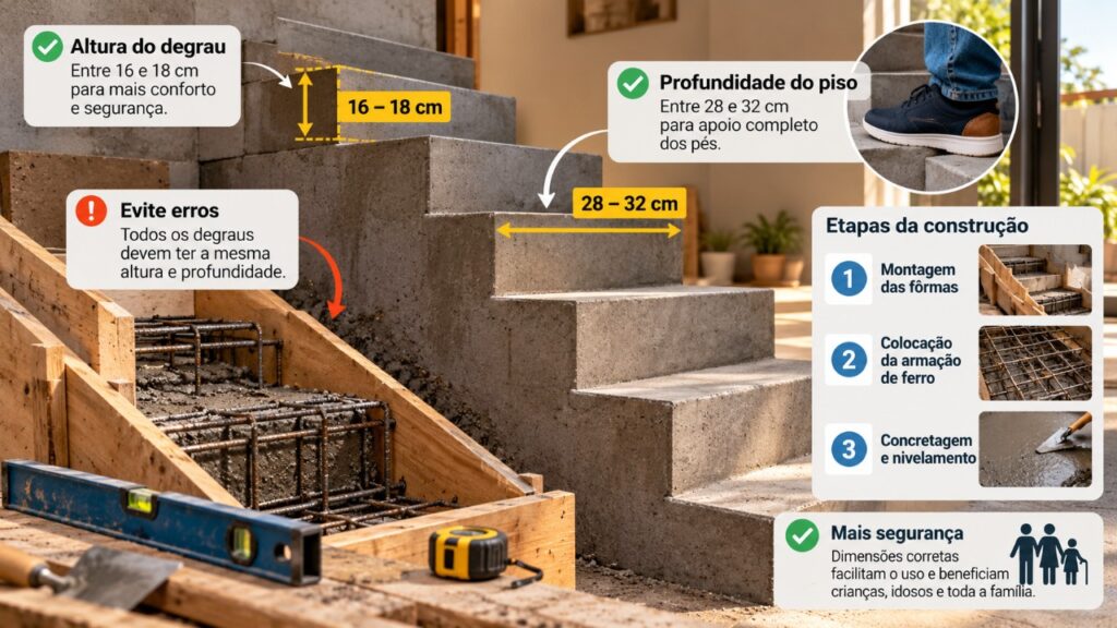 Pedreiro começa a construir uma escada de concreto na entrada de uma residência e revela por que pequenos erros na altura dos degraus e na profundidade dos pisos podem dificultar a subida, aumentar o risco de quedas e comprometer a circulação diária