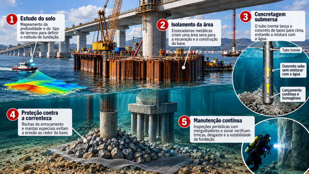 Como engenheiros conseguem colocar toneladas de concreto debaixo d'água sem deixar que o material se misture à correnteza e perca a resistência necessária para sustentar uma ponte?