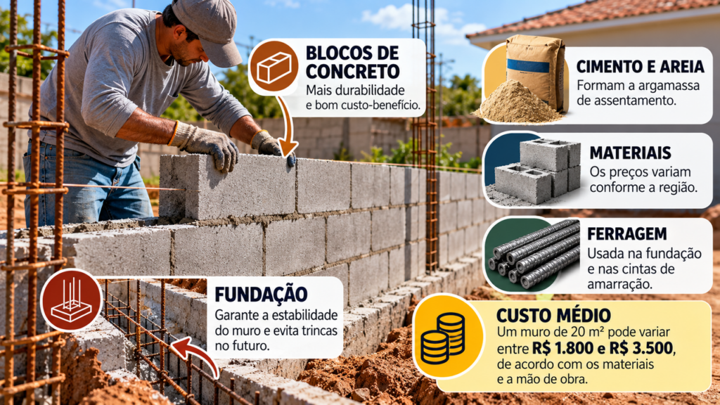Profissionais da construção explicam quanto custa construir um muro de 20 metros quadrados e mostram como o preço dos blocos, do cimento e da mão de obra influencia o orçamento final