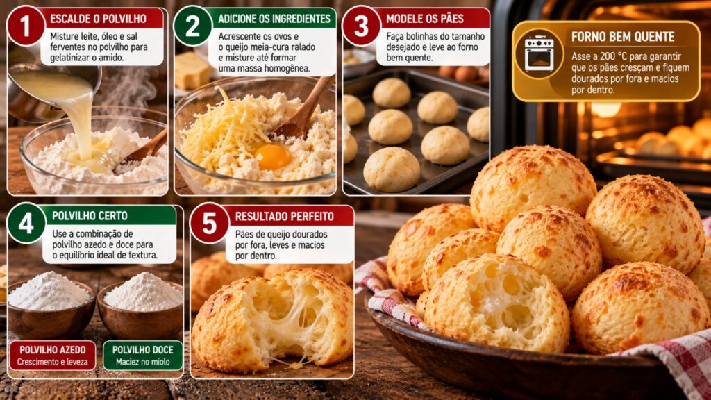 Depois de várias tentativas de preparar pão de queijo leve e macio, cozinheira descobre que o segredo não está em acrescentar mais farinha, mas em ajustar os ingredientes até a massa atingir o ponto ideal para crescer bem e manter uma textura agradável após sair do forno