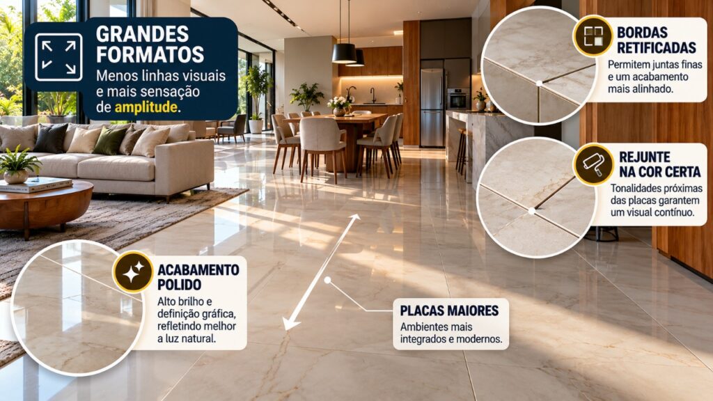 Morador substitui o piso antigo por porcelanato de grandes formatos e descobre como o tamanho das peças, o alinhamento das juntas e o acabamento transformam completamente a aparência dos ambientes