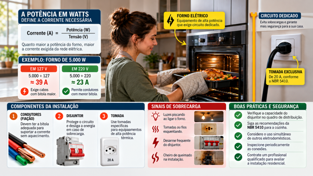 Morador instala um forno elétrico de alta potência na cozinha para preparar refeições mais rapidamente e descobre quantos watts a rede elétrica precisa suportar para evitar quedas de energia e sobrecargas perigosas