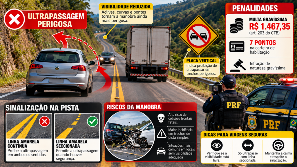 Condutores fazem isso durante viagens sem perceber o risco: multa de R$ 1.467 e 7 pontos na CNH por ultrapassagem em local proibido