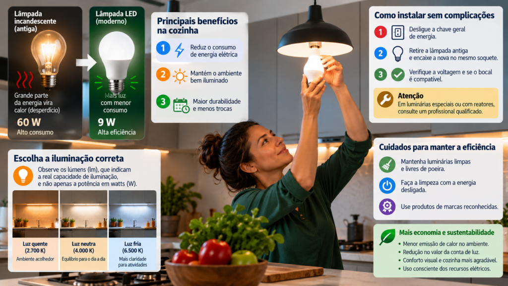 Família troca lâmpadas antigas por modelos de LED na cozinha e descobre como a mudança pode diminuir o consumo de eletricidade sem comprometer a iluminação do ambiente